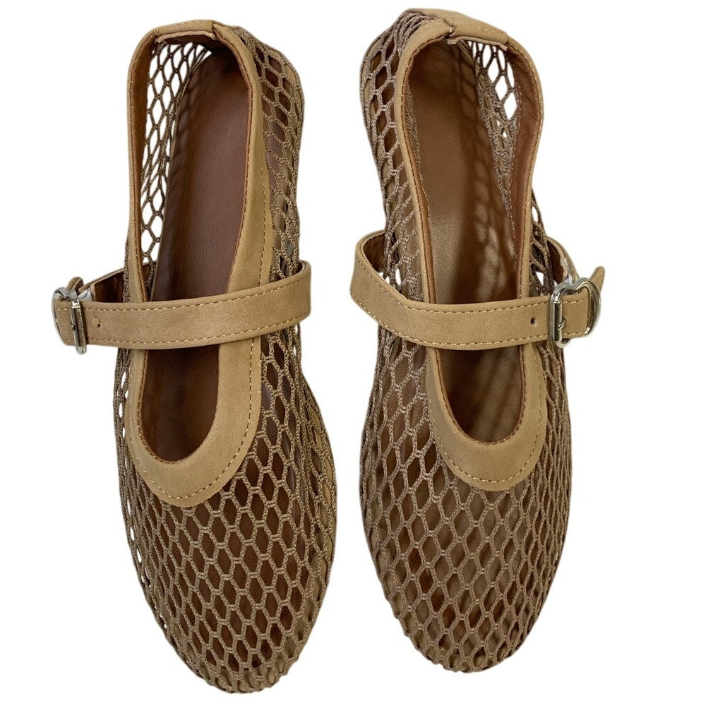 Voleece Womens Size 6.5 Beige Mary Jane Ballet Flat Closed Round Toe Mesh Shoes