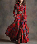 Women's Plus Size Plaid Print Long Sleeve Shirt Dress with Pockets