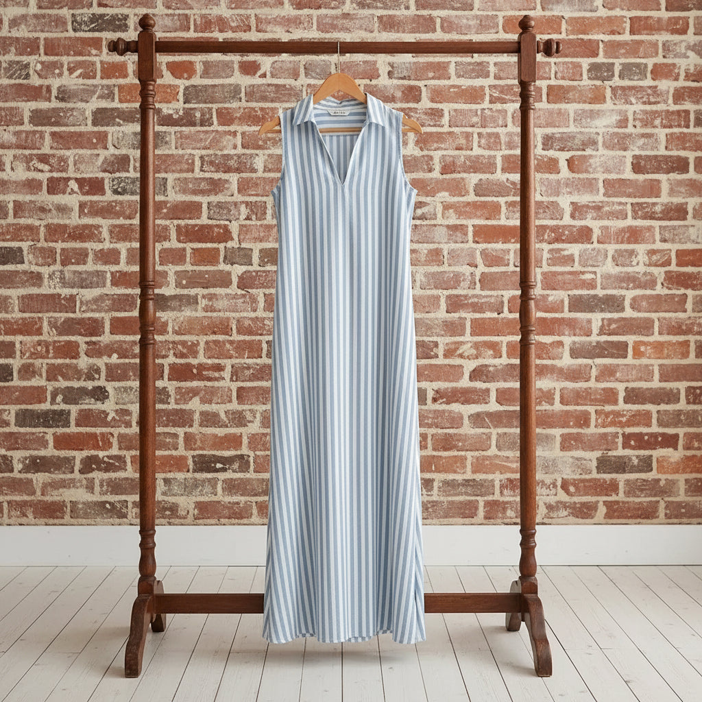 Striped Stand Collar Side-Slit Sleeveless Maxi Dress – A-Line Cami