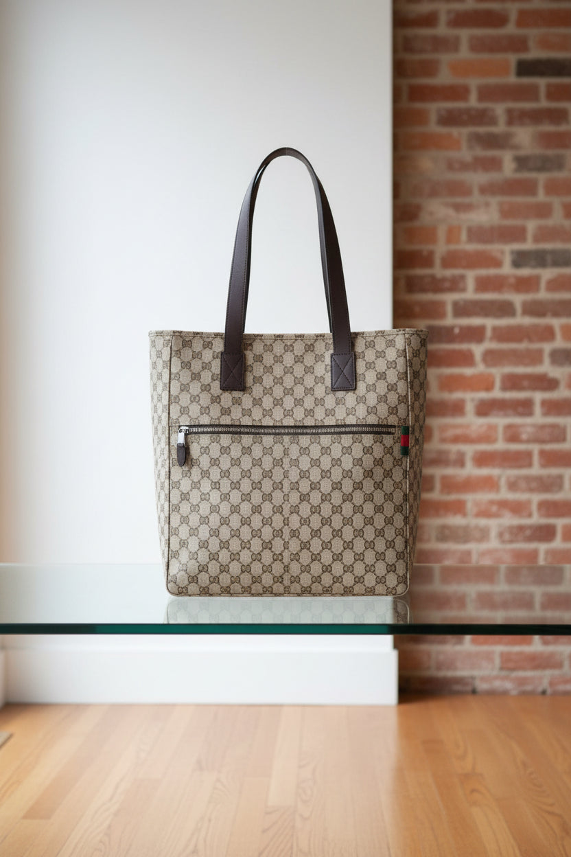 Authentic Gucci GG Supreme Monogram Canvas Tote Bag with Dark Brown Leather Trim