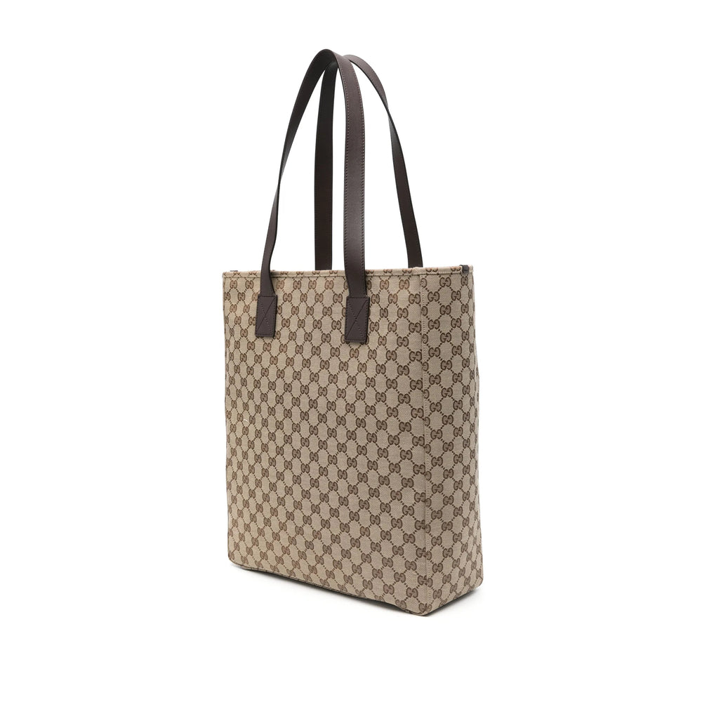 Authentic Gucci GG Supreme Monogram Canvas Tote Bag with Dark Brown Leather Trim