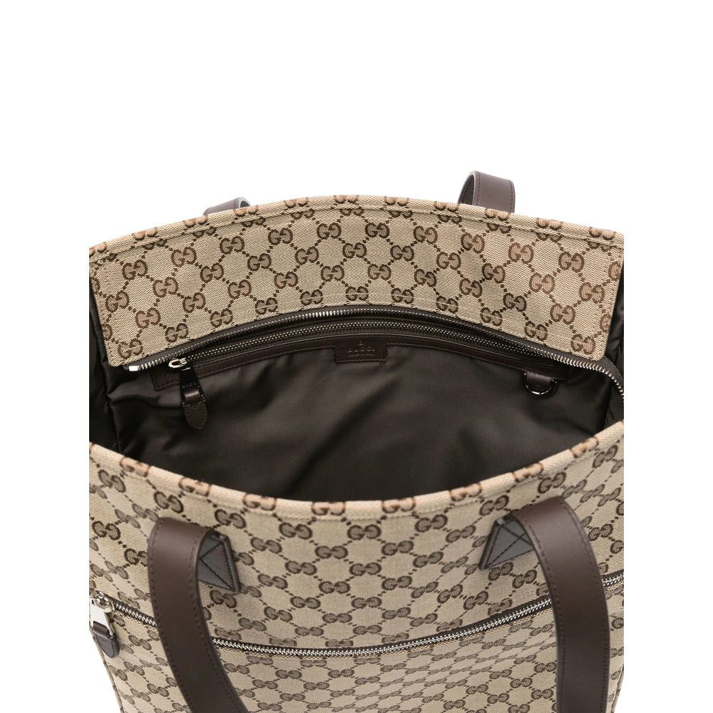 Authentic Gucci GG Supreme Monogram Canvas Tote Bag with Dark Brown Leather Trim