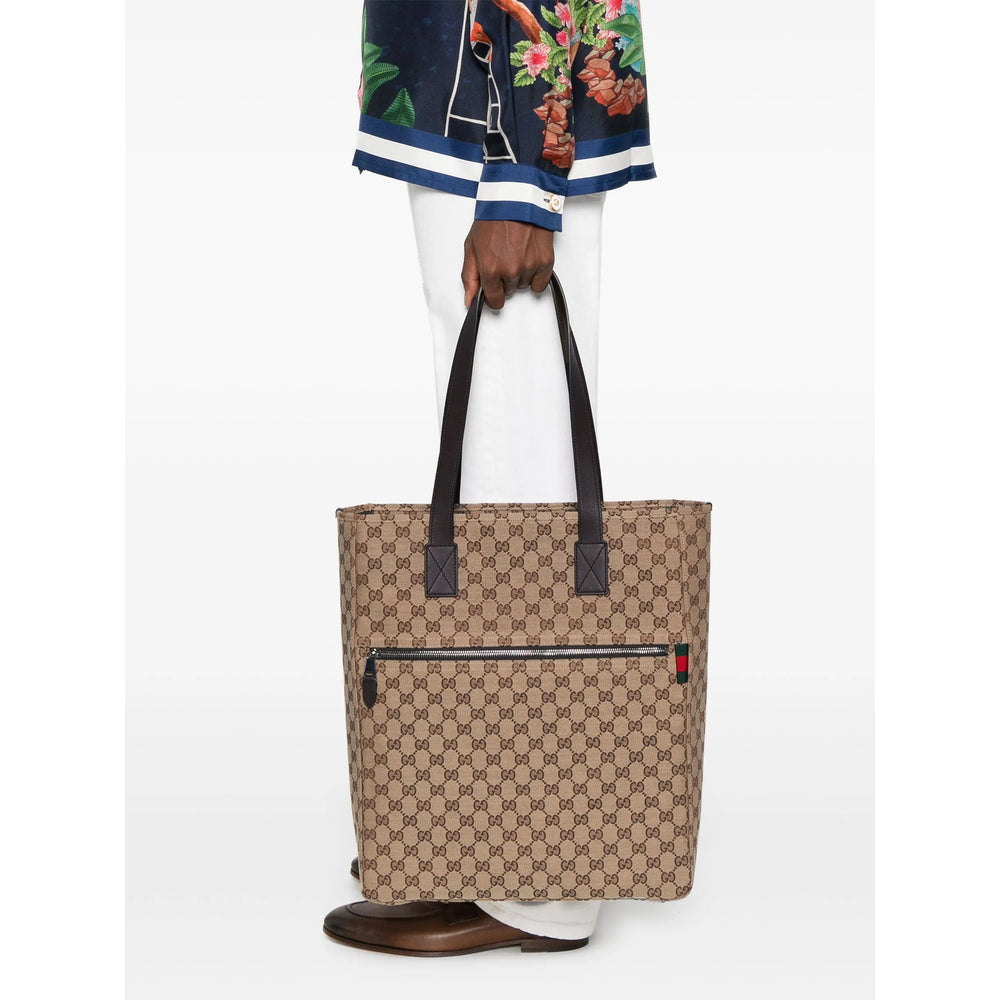Authentic Gucci GG Supreme Monogram Canvas Tote Bag with Dark Brown Leather Trim