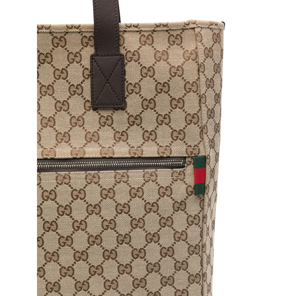 Authentic Gucci GG Supreme Monogram Canvas Tote Bag with Dark Brown Leather Trim