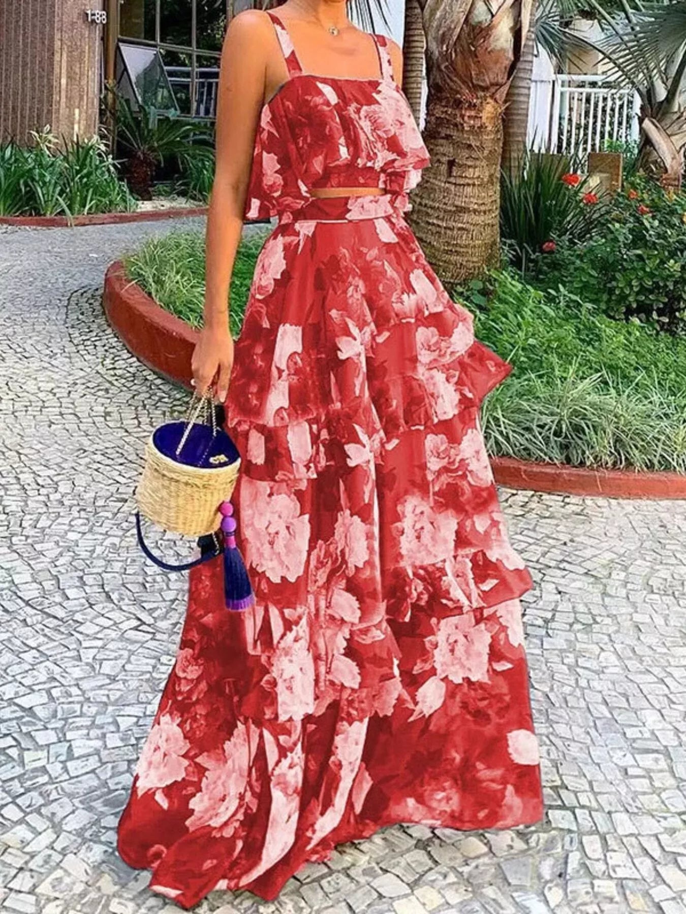 Floral Print Ruffle Cami and Skirt Two-Piece Set