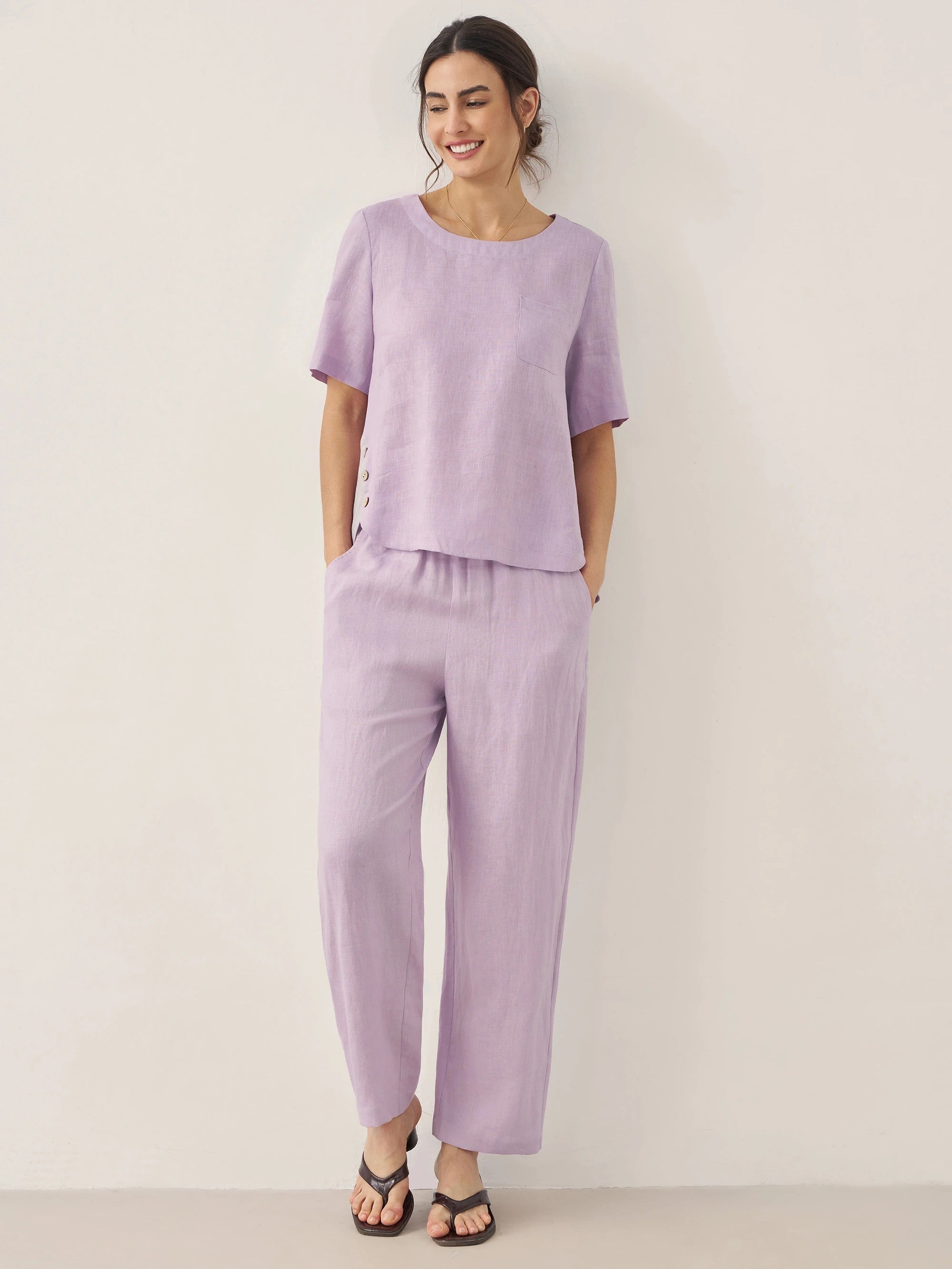 100% Linen Short-Sleeve Round Neck Button Detail Top & Pants Set SASHA