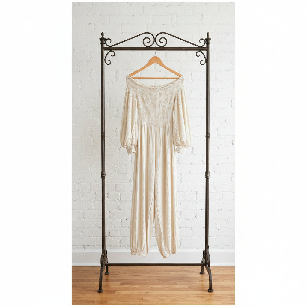 Women's Off-Shoulder Lantern Sleeve Pleated Loose Jumpsuit