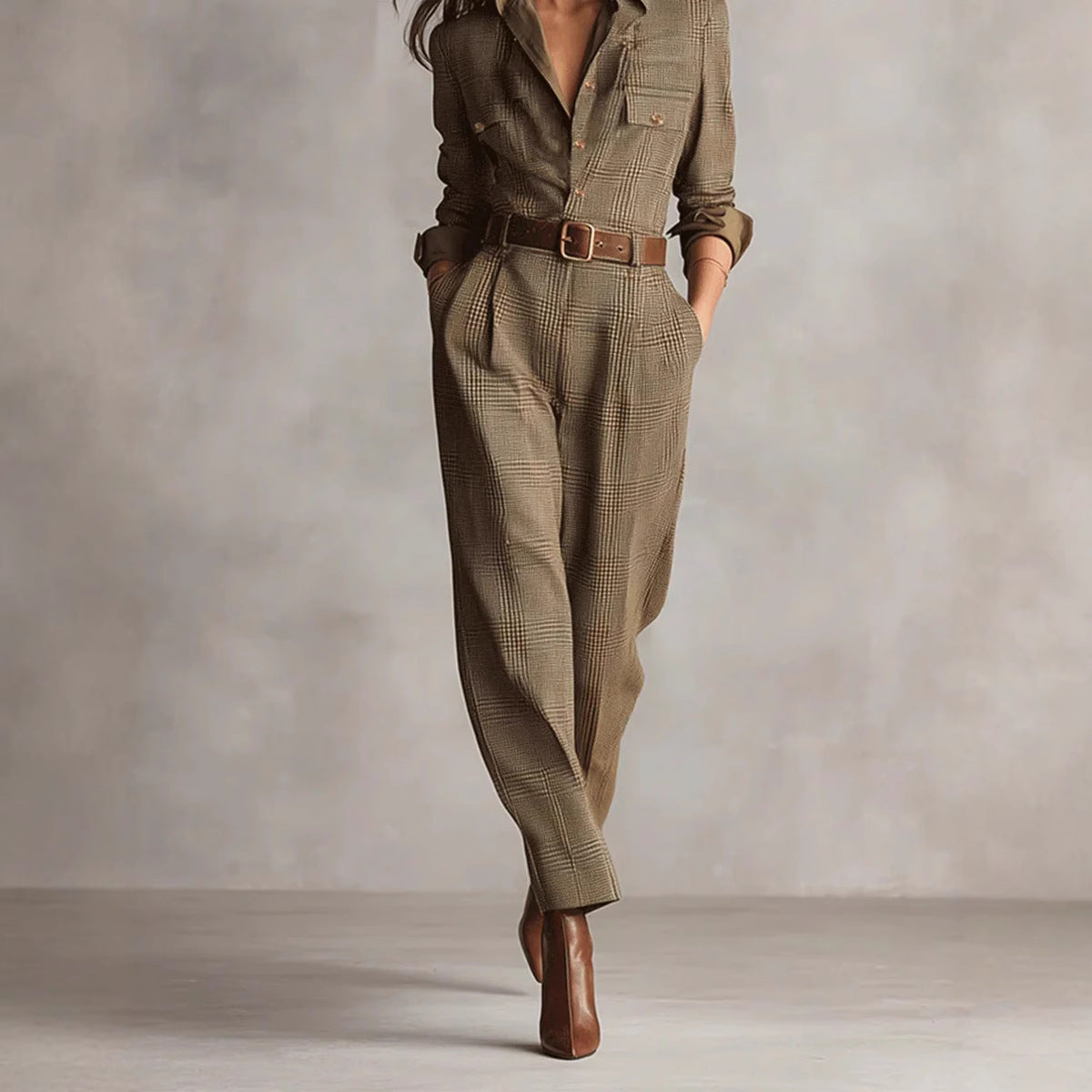 Women's Spring And Autumn Chic Plaid Jumpsuit