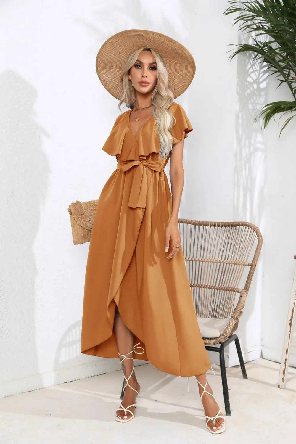 Tied Front Ruffled Short Sleeve Midi Dress