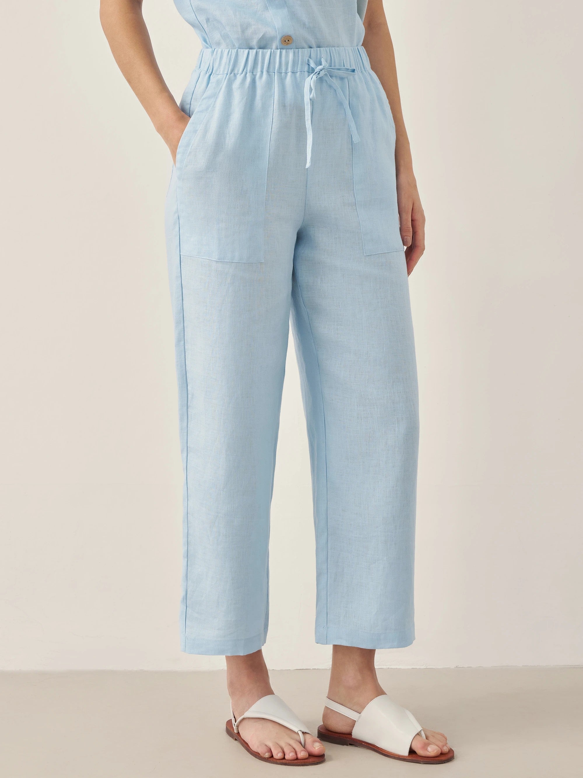 100% Linen Short-Sleeve Round Neck Button Detail Top & Pants Set JOSIE