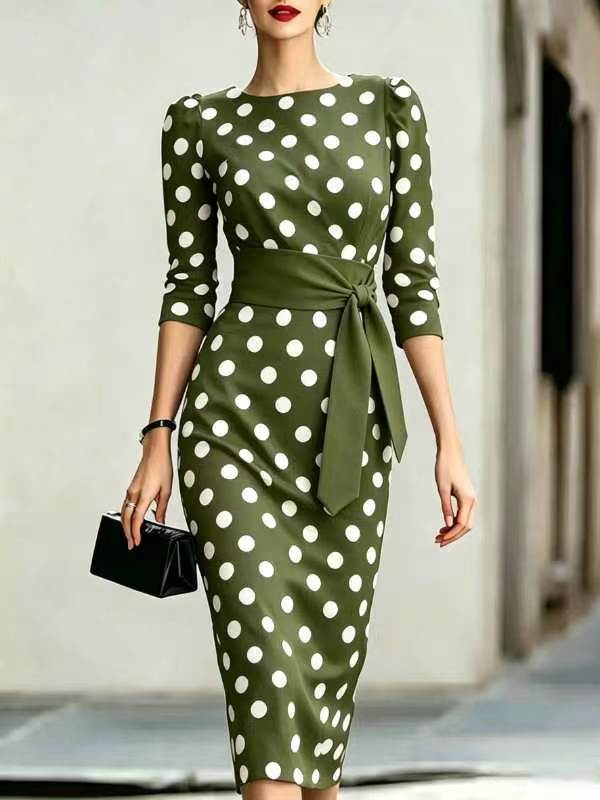 Women's Retro Polka-Dot Bodycon Midi Dress – Belted Cross-Tie
