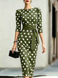 Women's Retro Polka-Dot Bodycon Midi Dress – Belted Cross-Tie