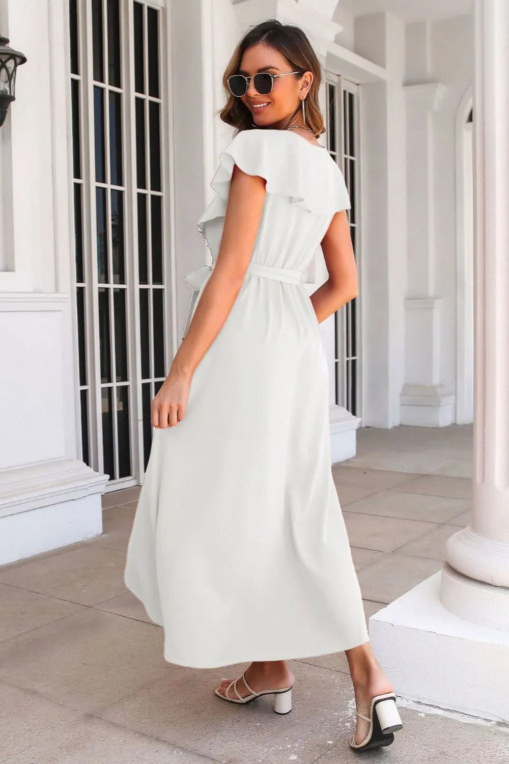 Tied Front Ruffled Short Sleeve Midi Dress