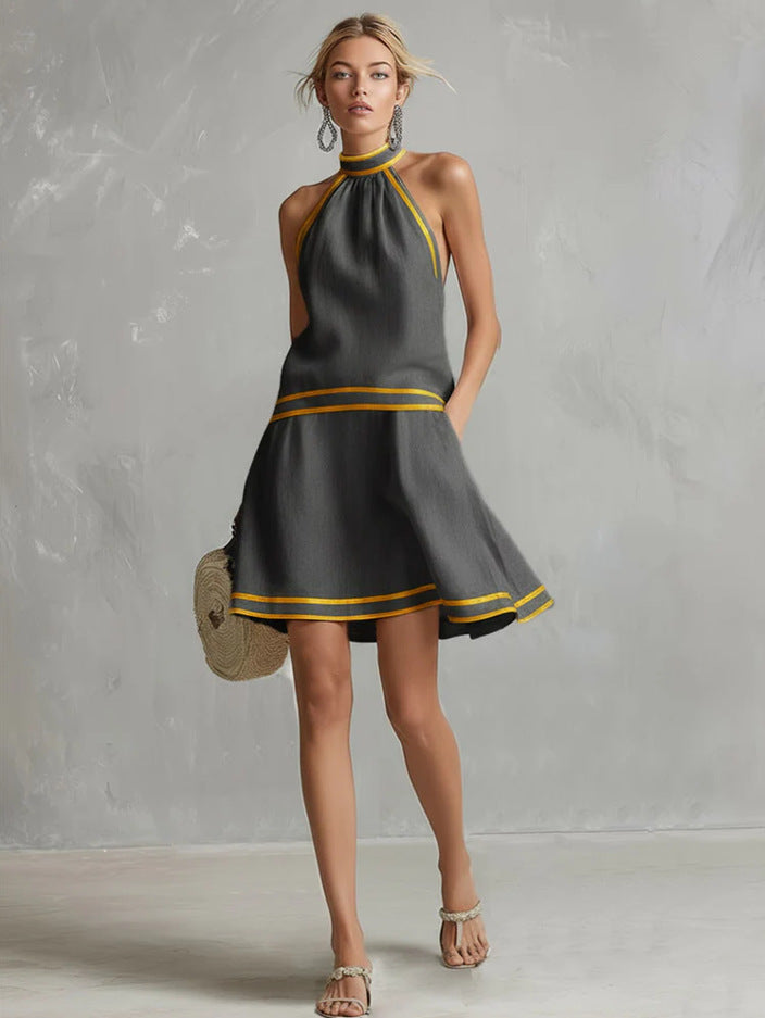 Women's Striped Trim Choker Neck Sleeveless Mini Dress
