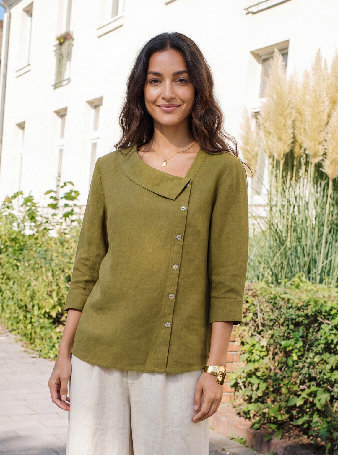 100% Linen Crescent Neck Button Detail 3/4 Sleeve Top ADALYN