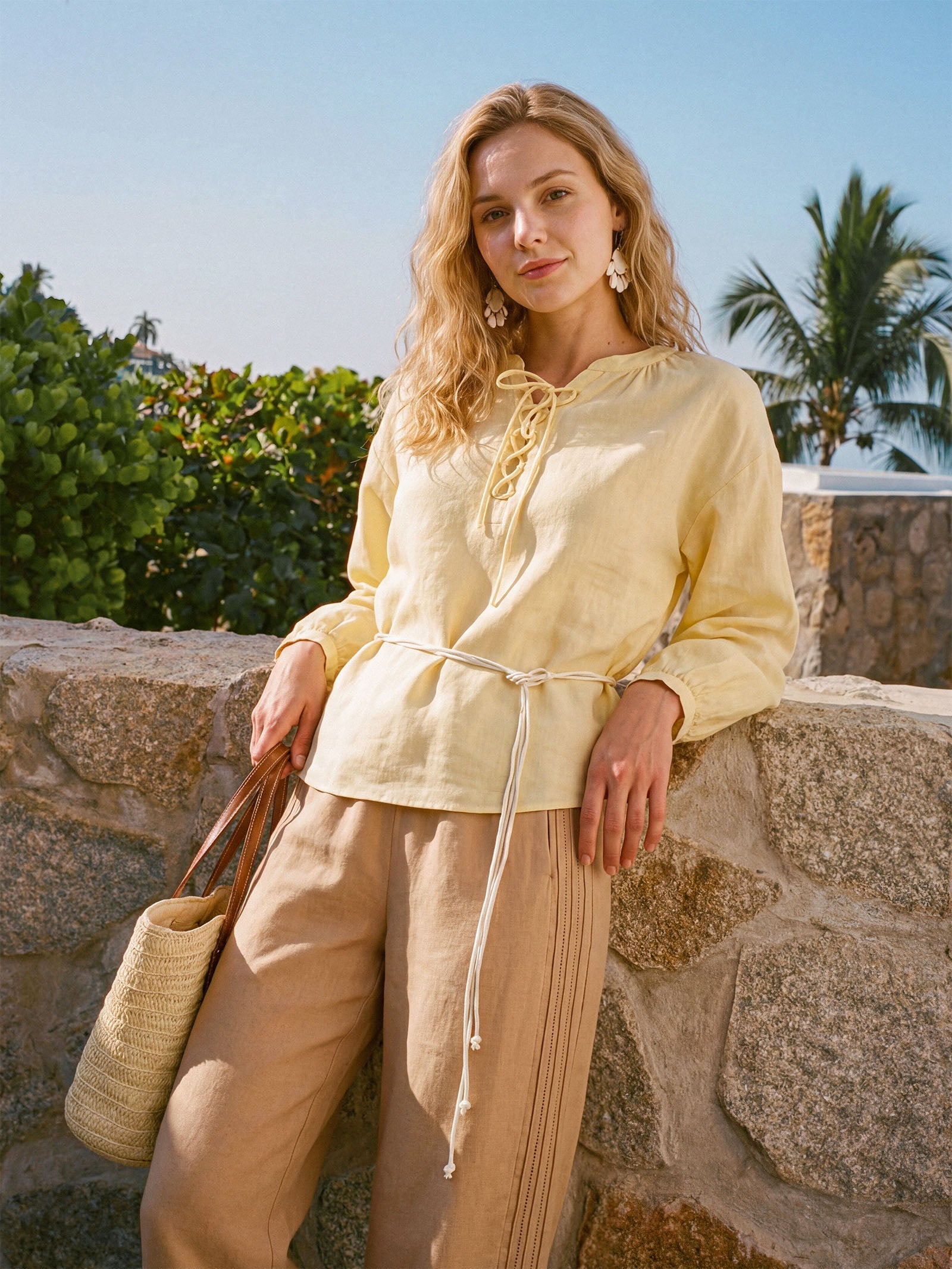 100% Linen Lace-Up Shirred Lantern Sleeve Blouse DOROTHEA