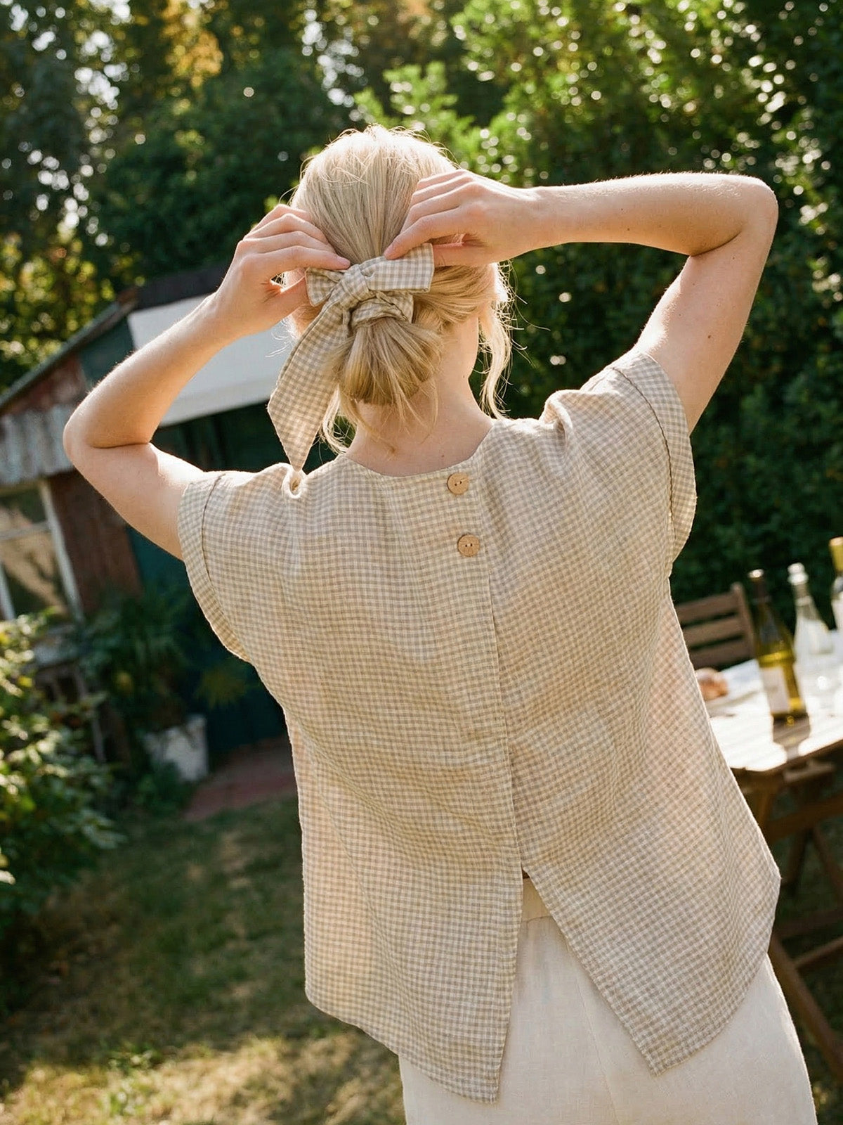100% Linen Plaid Detachable Tie-Belt Split-Neck Top LEXIE