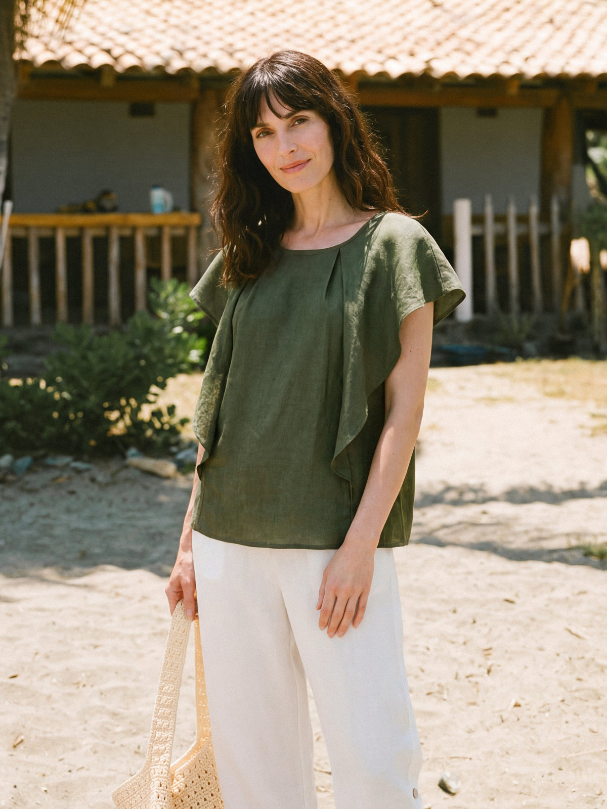 100% Linen Flutter Sleeve Sculpted Pleat Top DRUSILLA