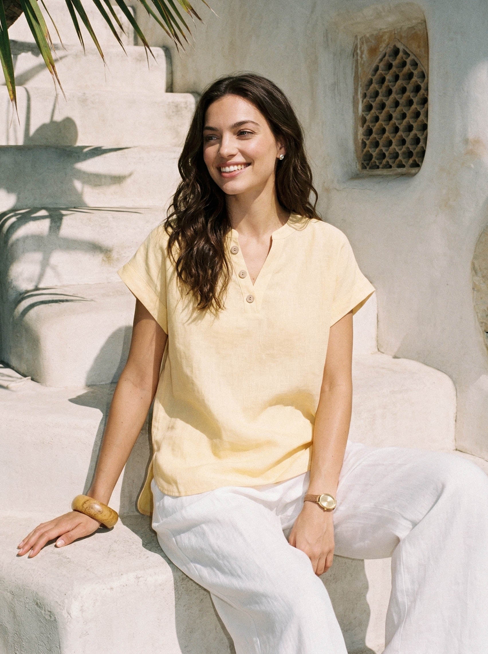 100% Linen Stand-Collar Curved-Hem Top CRESSA
