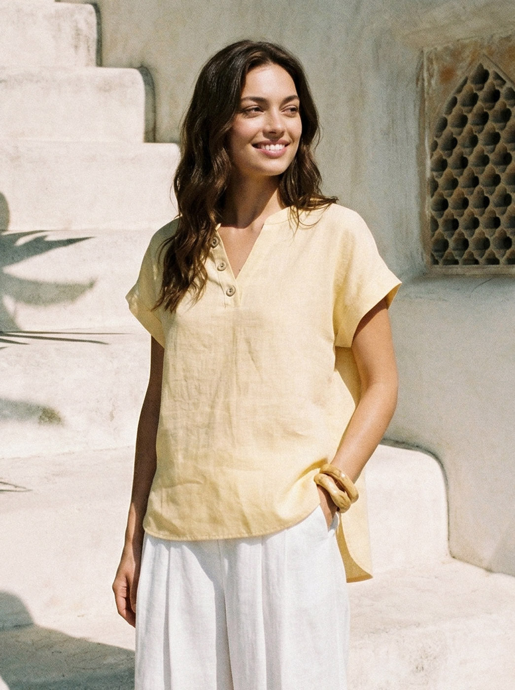 100% Linen Stand-Collar Curved-Hem Top CRESSA