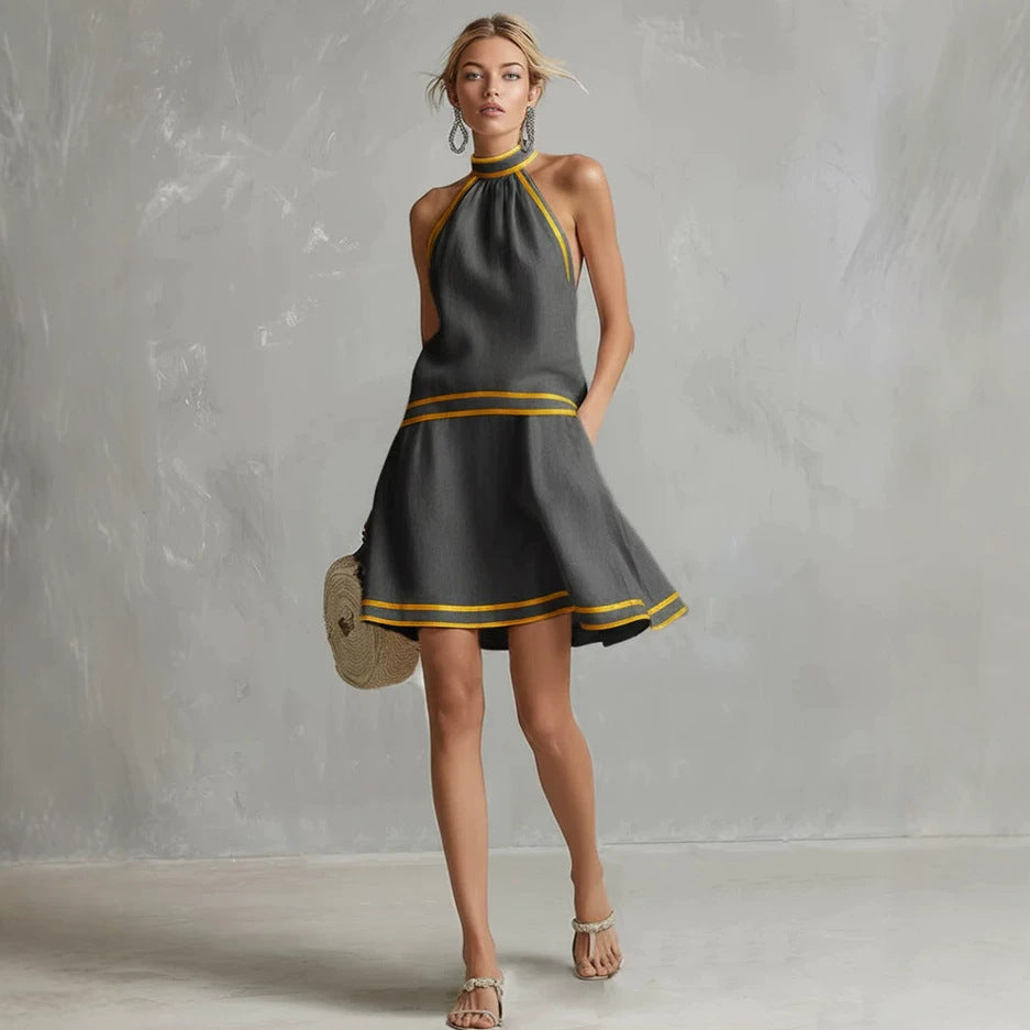 Women's Striped Trim Choker Neck Sleeveless Mini Dress