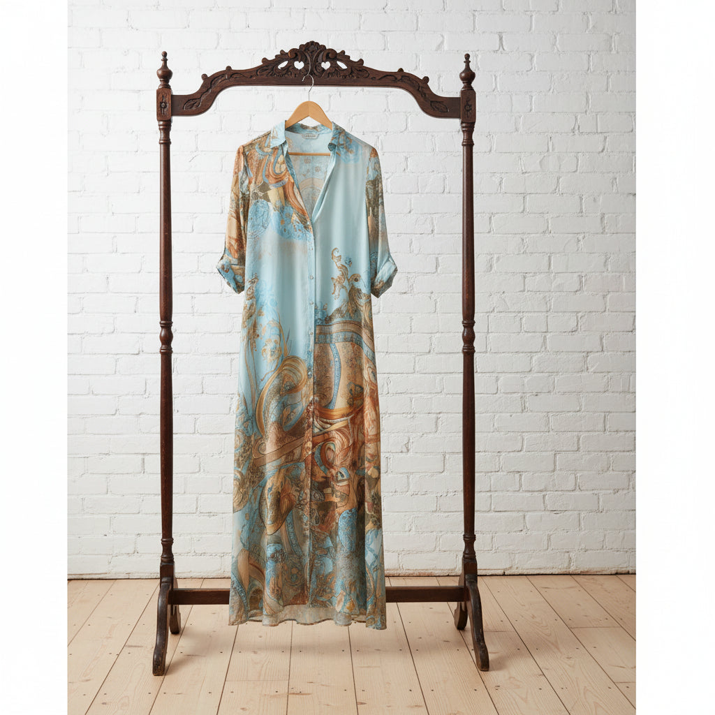 Chiffon Digital Print Vintage Flowy Midi Dress – Women's Button-Front Sundress