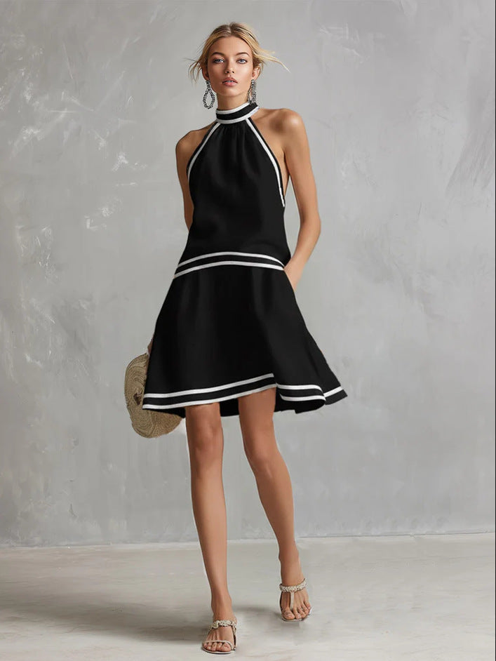 Women's Striped Trim Choker Neck Sleeveless Mini Dress