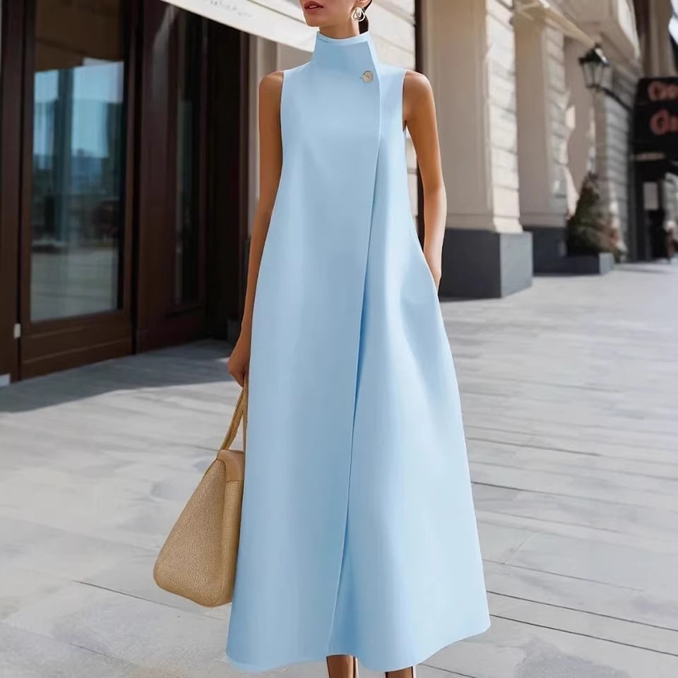 Elegant Sleeveless Long Dress – Stand Collar Office & Casual Dress