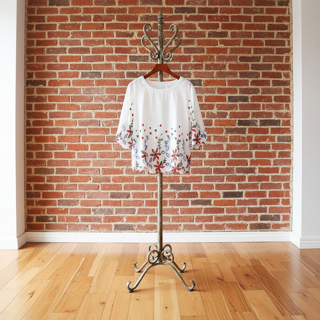 White Chiffon Blouse Short Sleeve Women Stripe Flower Print Top Loose Shirt