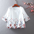 White Chiffon Blouse Short Sleeve Women Stripe Flower Print Top Loose Shirt