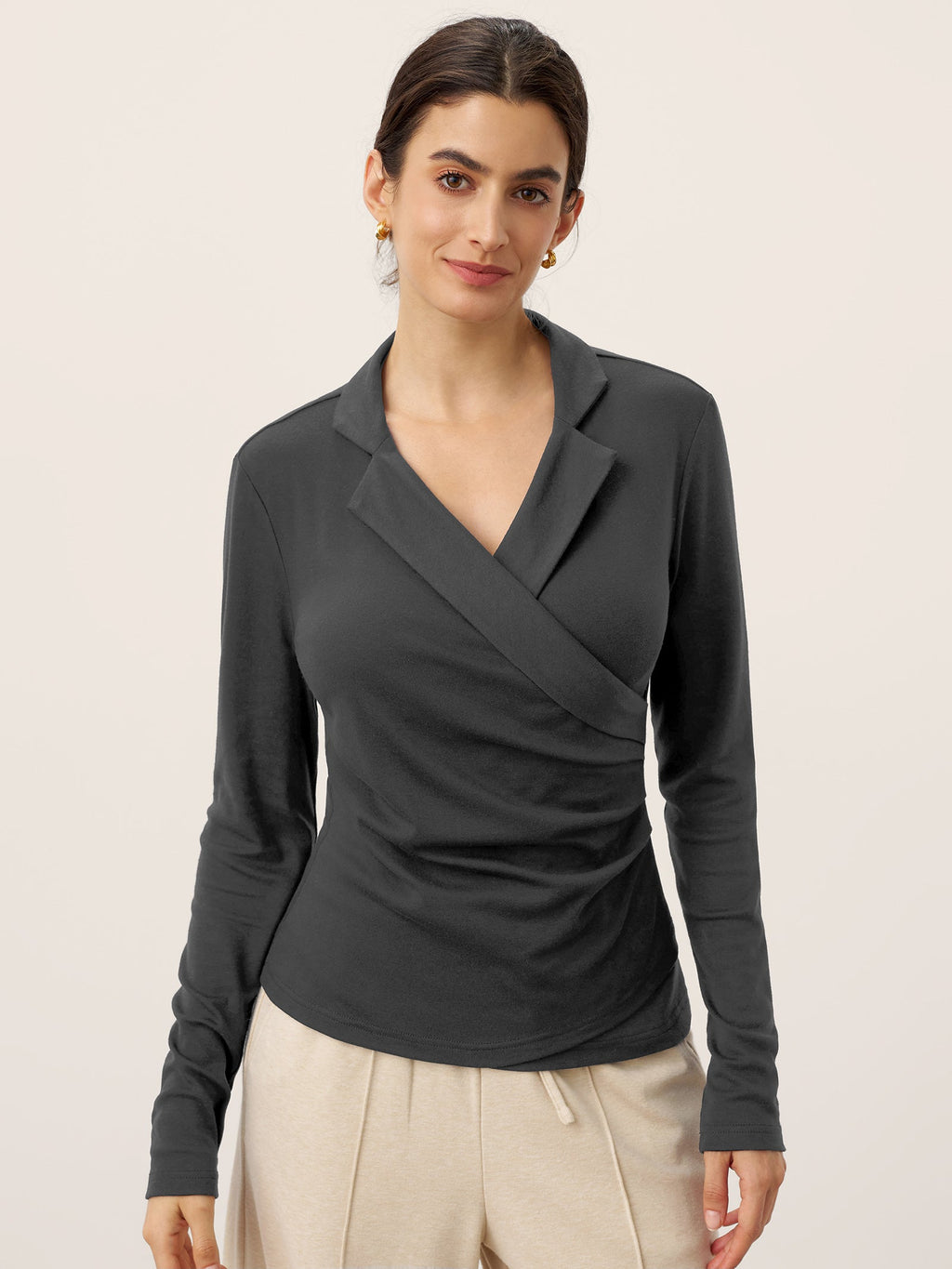 Wool Asymmetric Side Ruched Stretch Top BRIONY