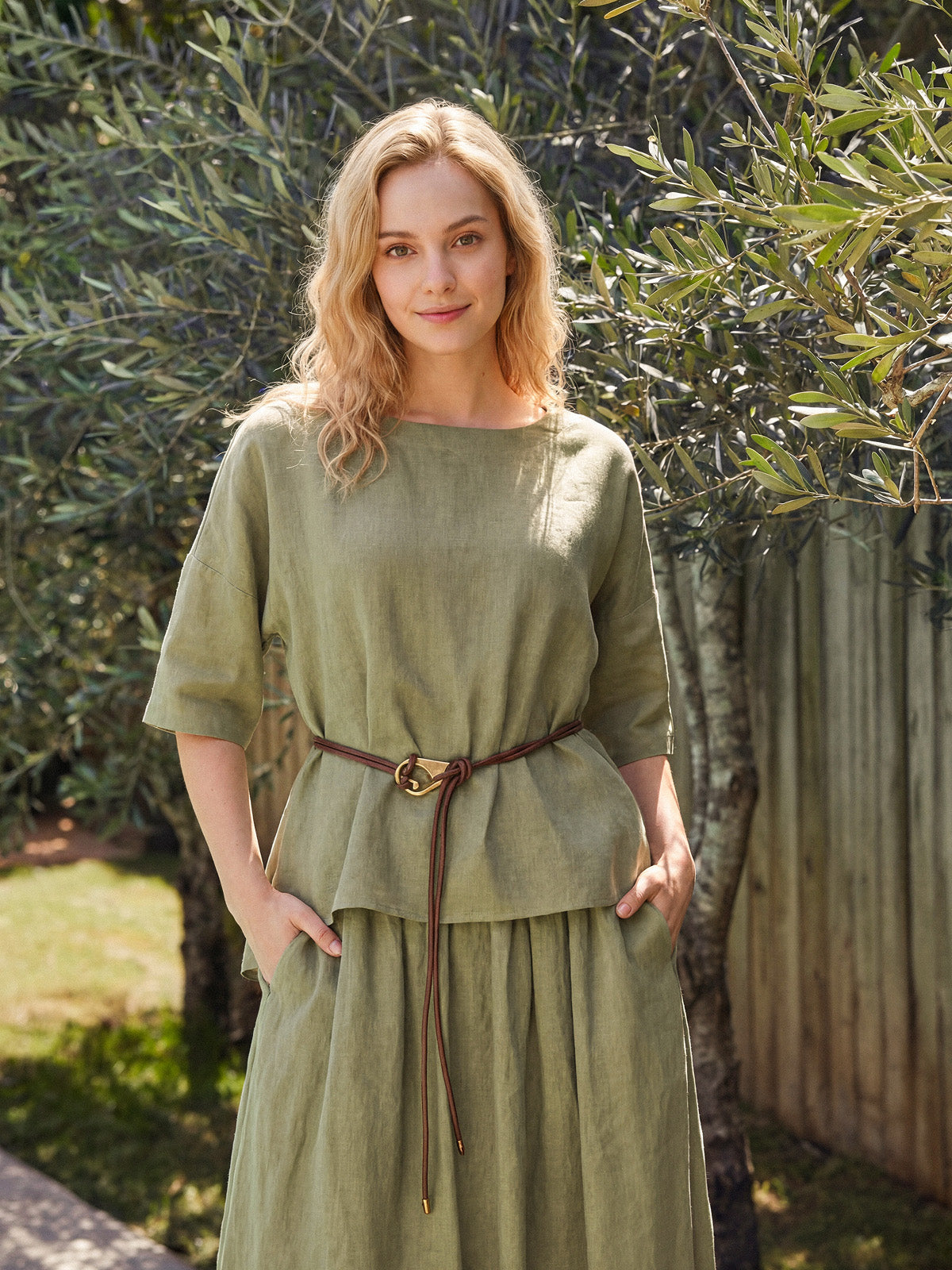 100% Linen Drop Shoulder Shirred Back High-Low Hem Top LINDSEY