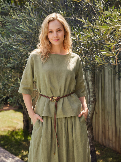 100% Linen Drop Shoulder Shirred Back High-Low Hem Top LINDSEY