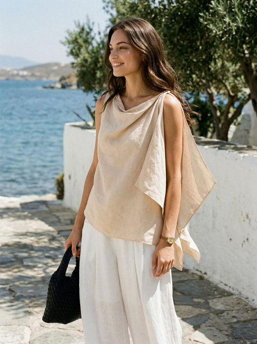 100% Linen Cowl-Neck Asymmetric Top LEVINA