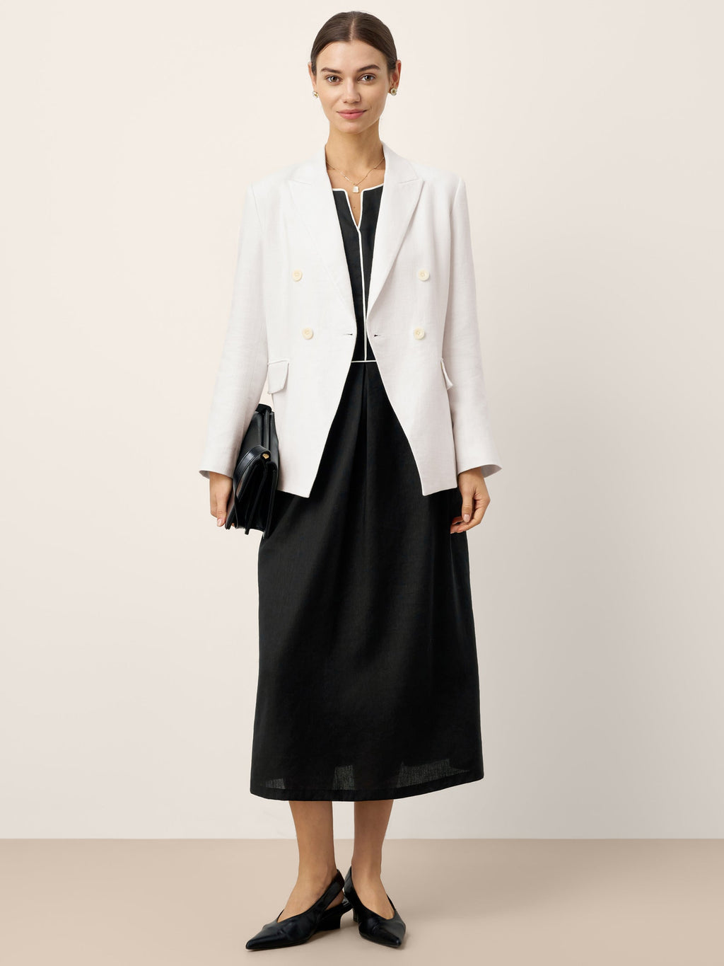 Linen-Lyocell Contrast Trim Gathered Midi Dress NYX