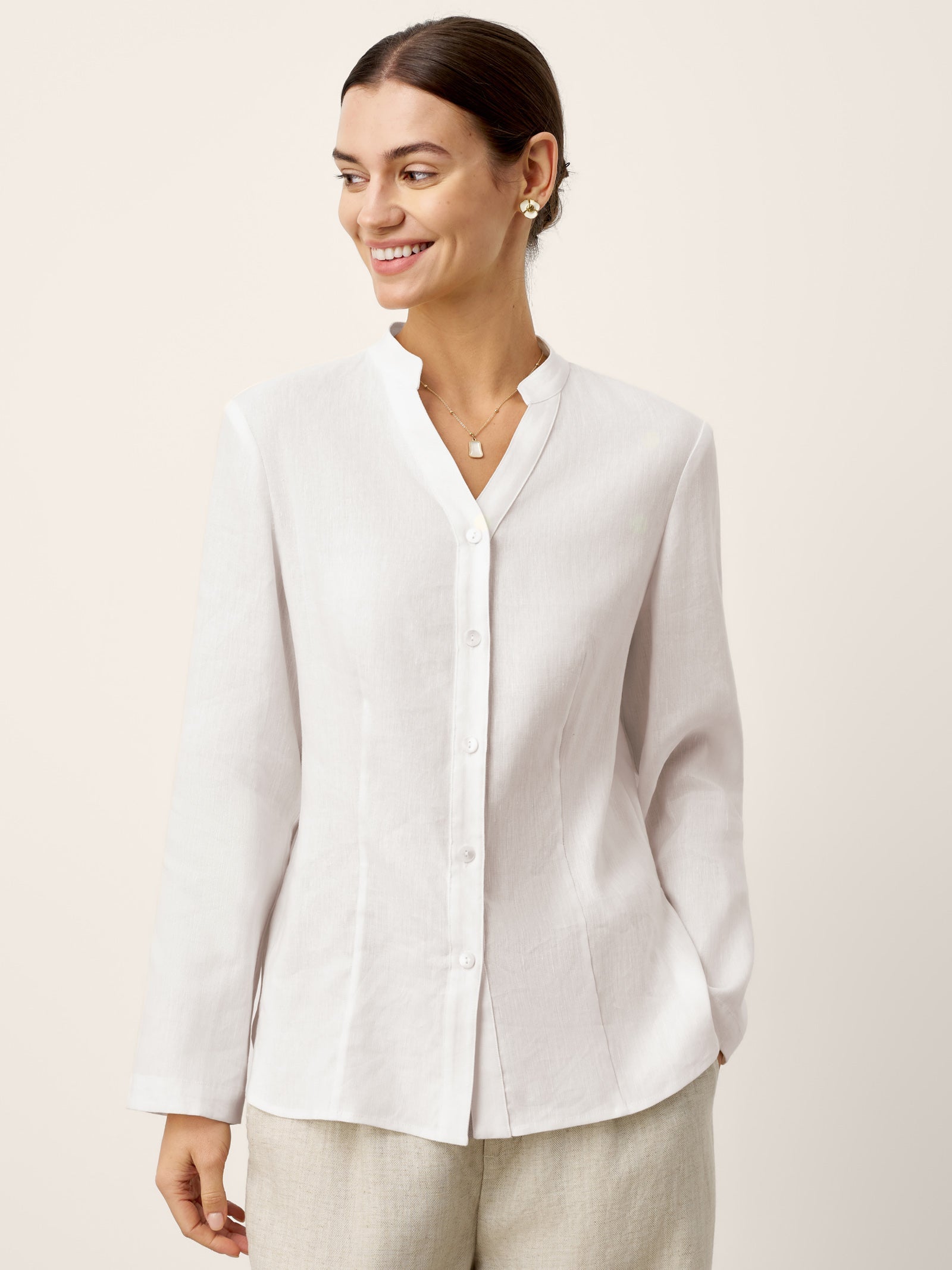 Linen-Lyocell Mandarin Collar Fitted Seam Shirt THORA