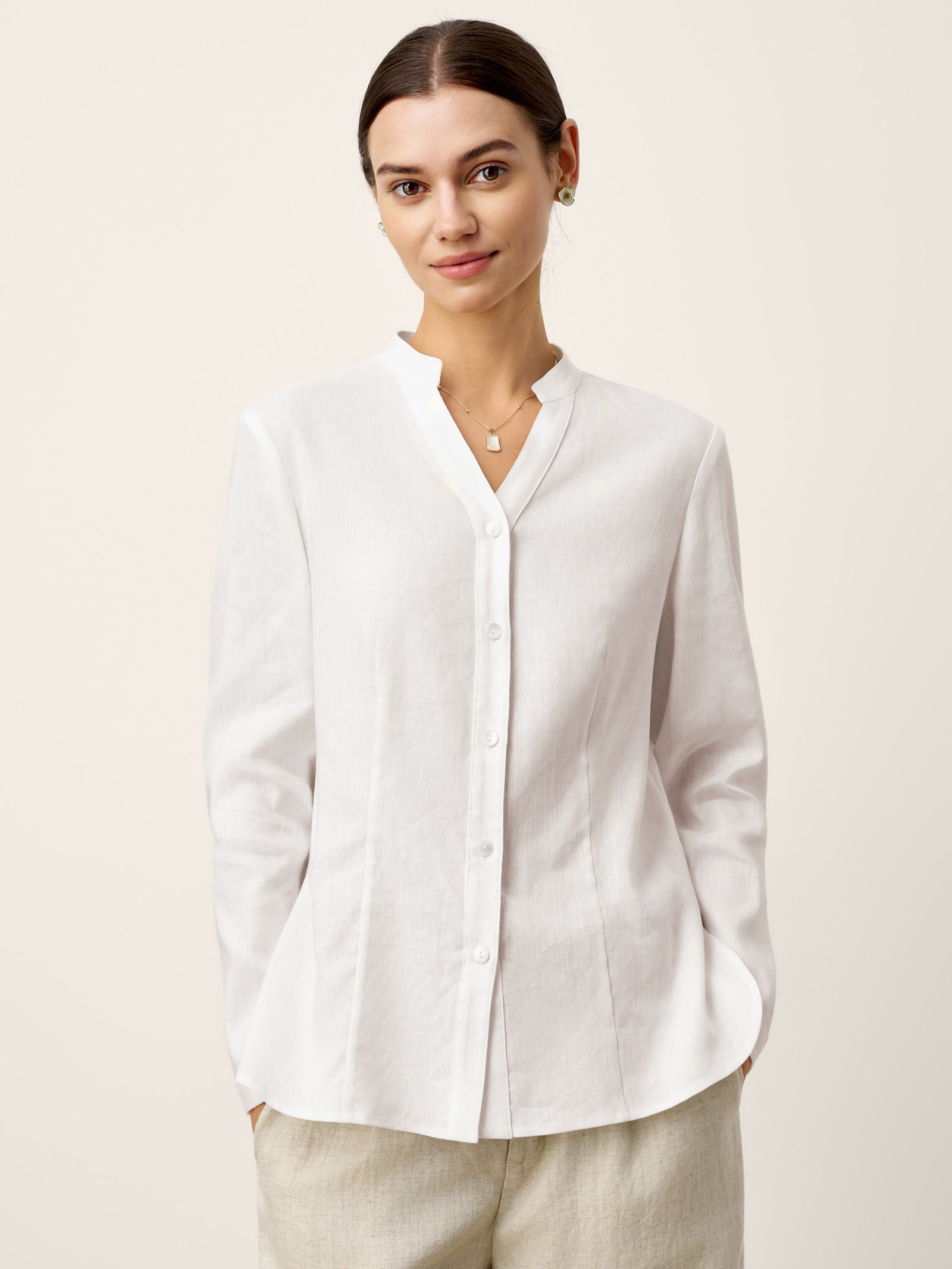 Linen-Lyocell Mandarin Collar Fitted Seam Shirt THORA