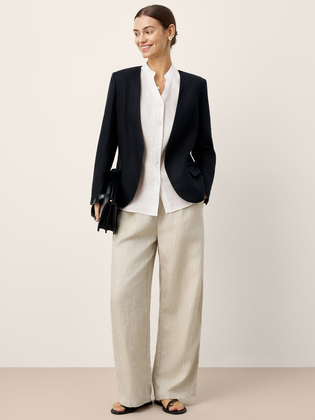 Linen-Lyocell Mandarin Collar Fitted Seam Shirt THORA