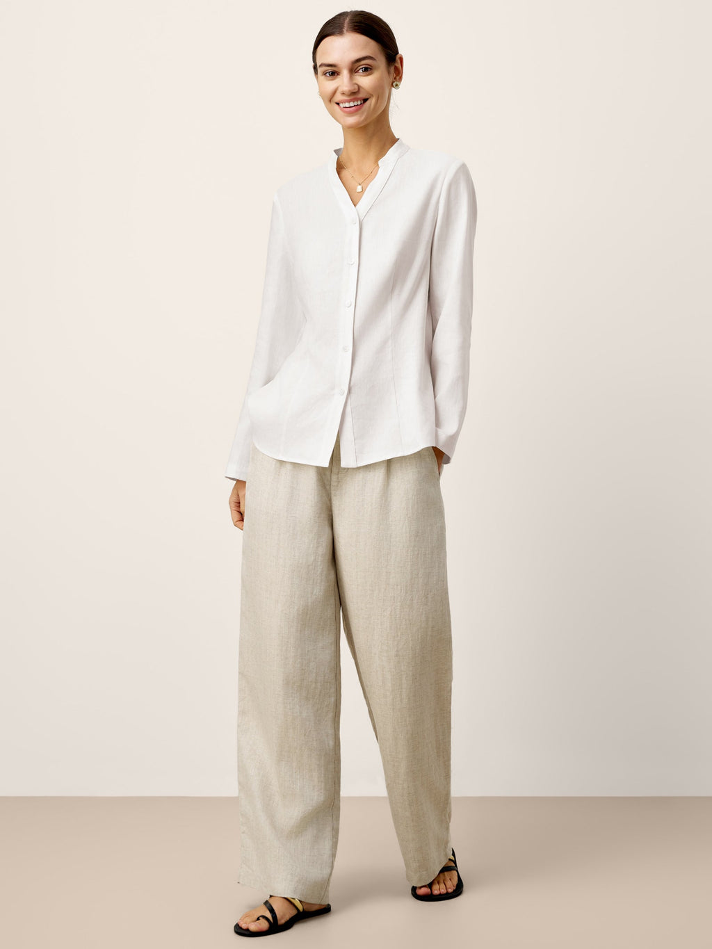 Linen-Lyocell Mandarin Collar Fitted Seam Shirt THORA