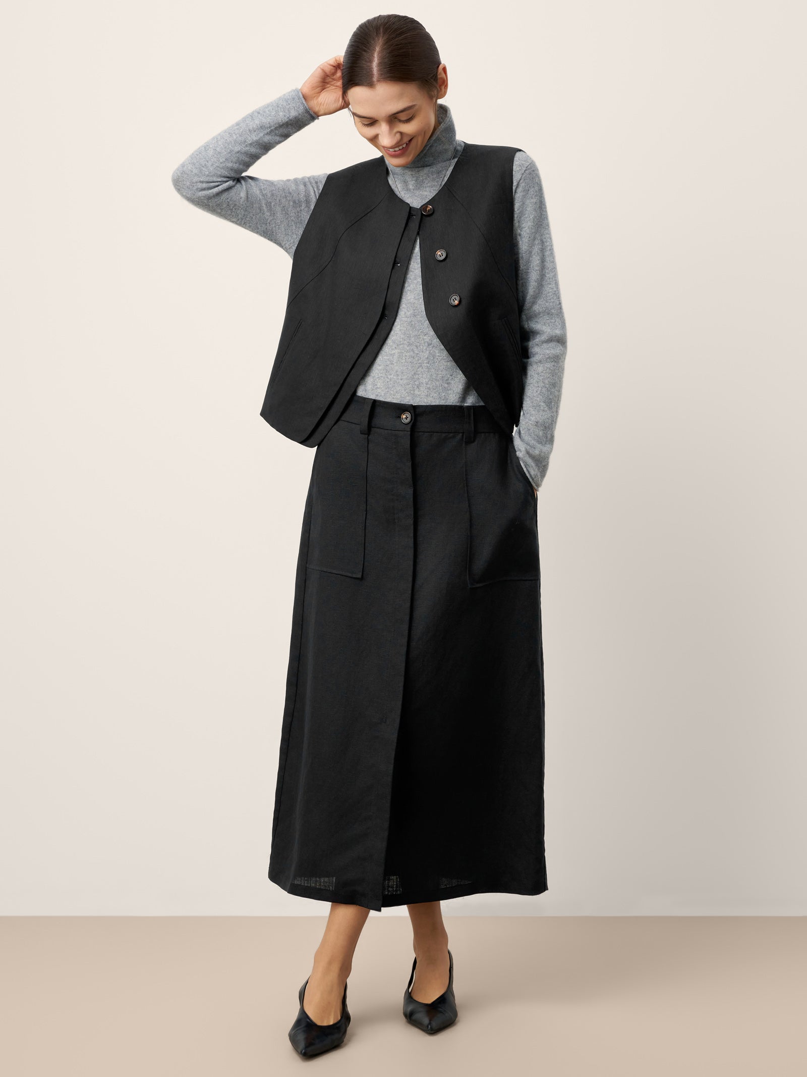 Linen-Lyocell Panel Layered Vest ODELIA