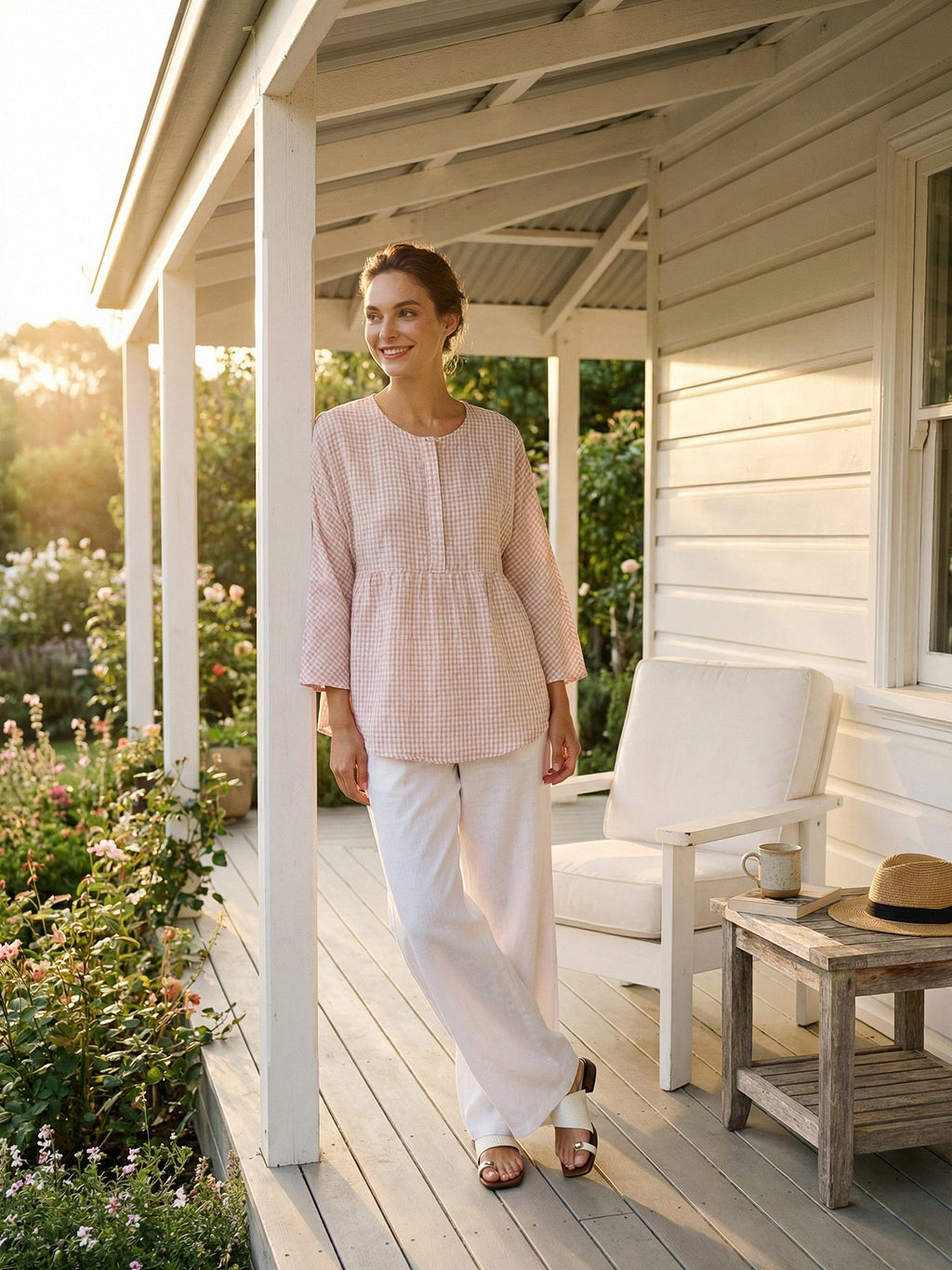 Linen Checked Long-Sleeved Top CAROLINE