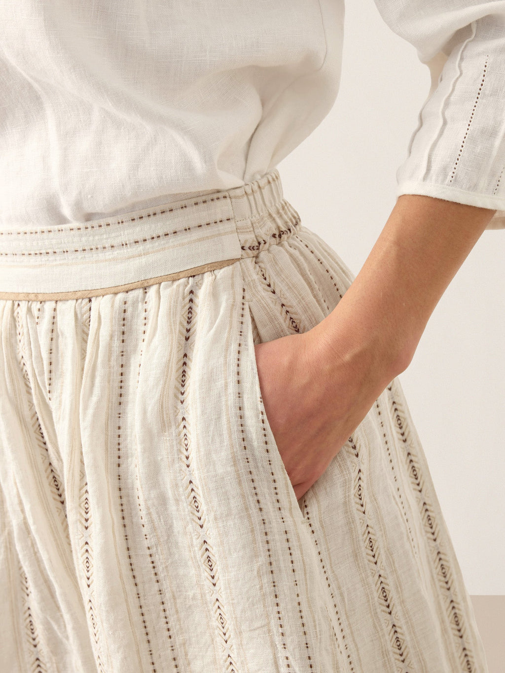 Linen Striped Contrast Trim A-Line Bohemian Skirt with Lining ISMERIE