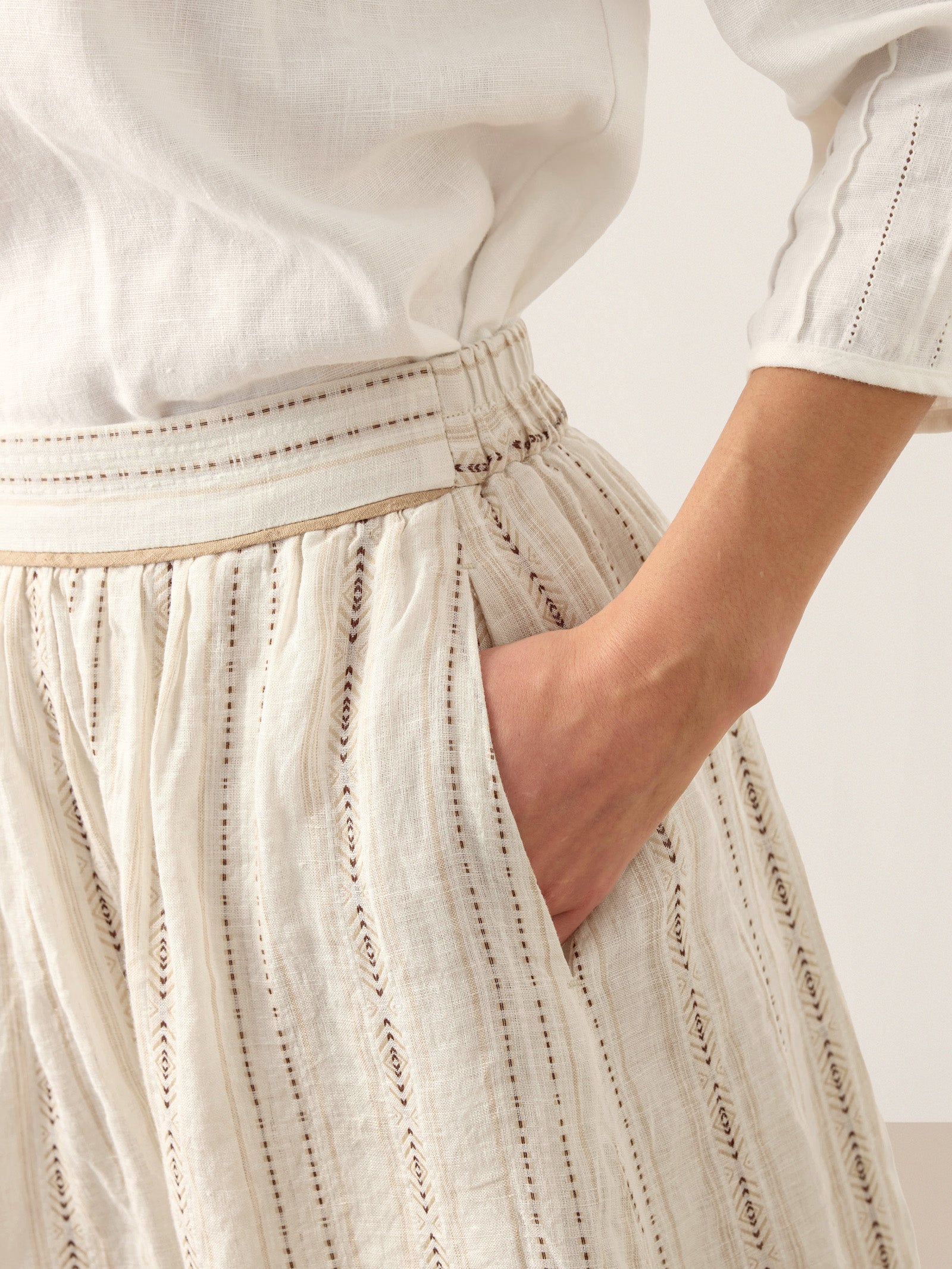 Linen Striped Contrast Trim A-Line Bohemian Skirt with Lining ISMERIE
