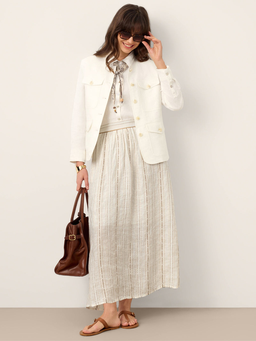 Linen Striped Contrast Trim A-Line Bohemian Skirt with Lining ISMERIE