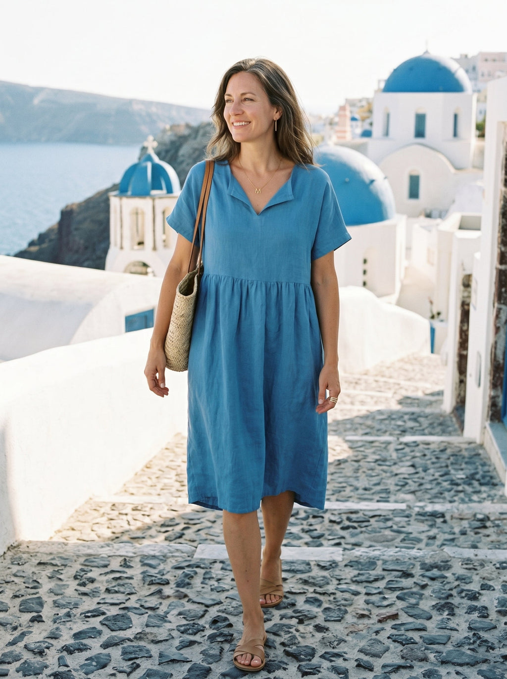 Linen Gathered-Hem Split-Neck Mini Dress SYDNEY
