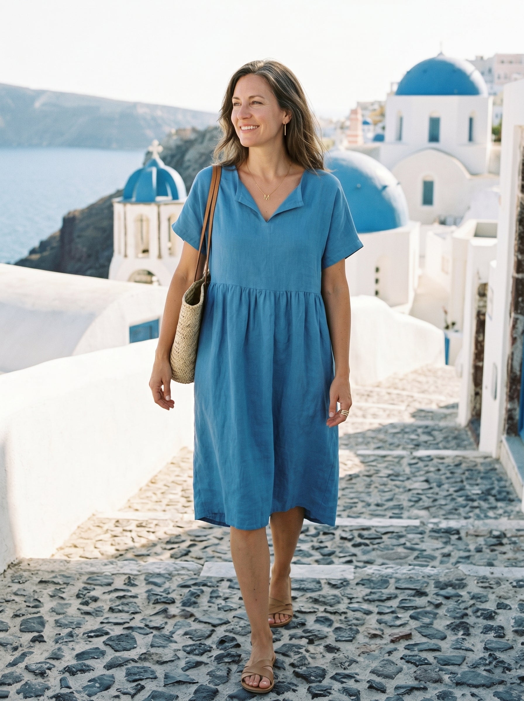 Linen Gathered-Hem Split-Neck Mini Dress SYDNEY