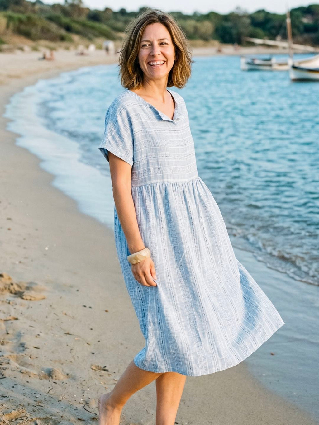 Linen Gathered-Hem Split-Neck Mini Dress SYDNEY