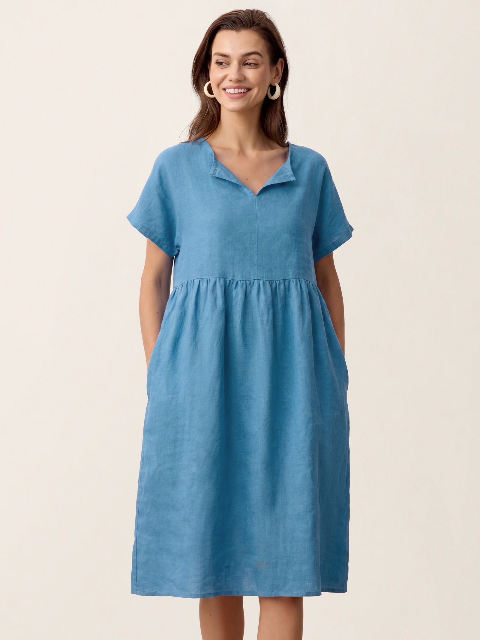 Linen Gathered-Hem Split-Neck Mini Dress SYDNEY