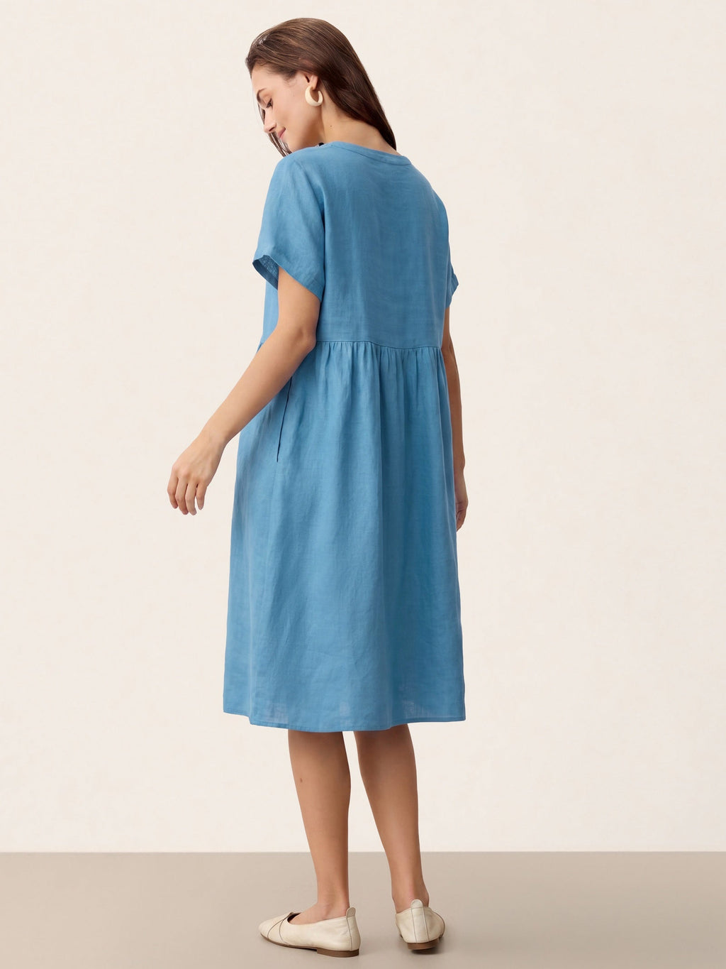 Linen Gathered-Hem Split-Neck Mini Dress SYDNEY