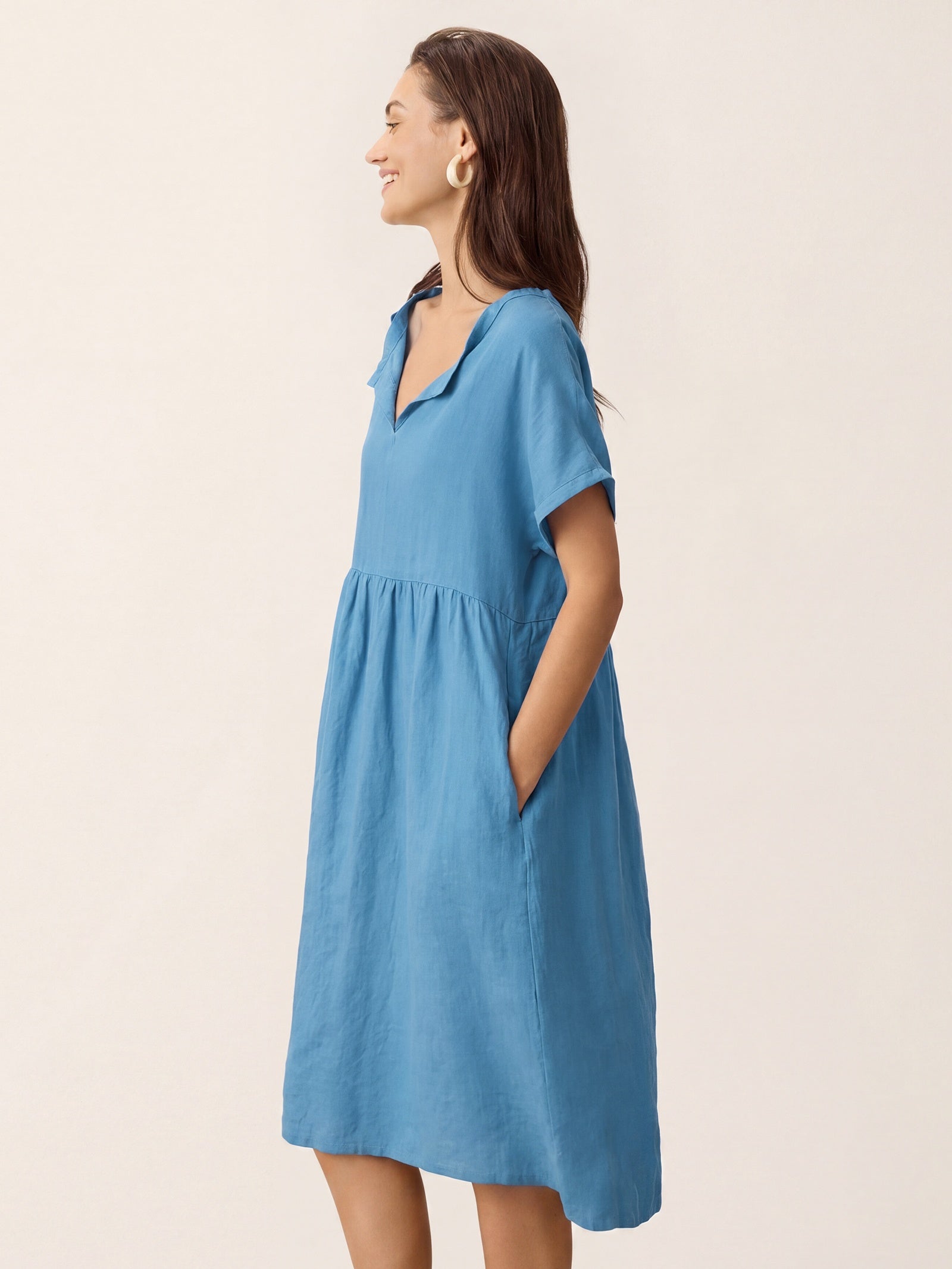Linen Gathered-Hem Split-Neck Mini Dress SYDNEY